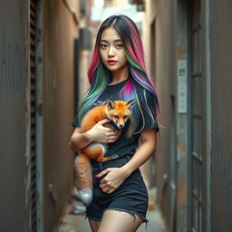 A beautiful Korean woman posing elegantly in a small, shabby alley