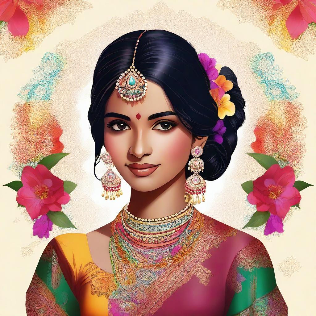 A digital art of a vibrant Indian girl