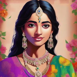 A digital art of a vibrant Indian girl