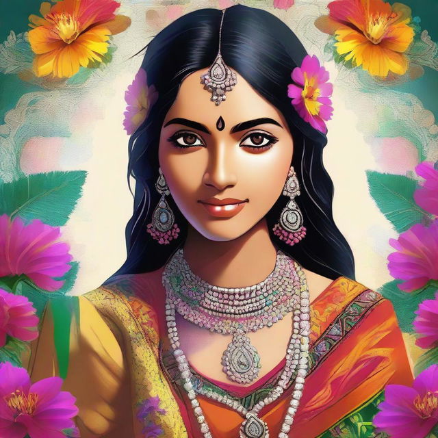 A digital art of a vibrant Indian girl