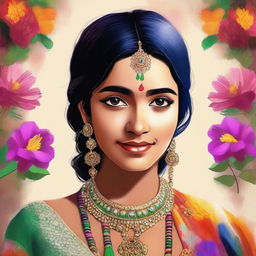 A digital art of a vibrant Indian girl