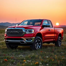 A vibrant red pickup truck parked in an open field during sunset