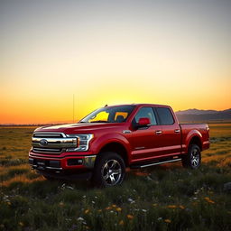 A vibrant red pickup truck parked in an open field during sunset