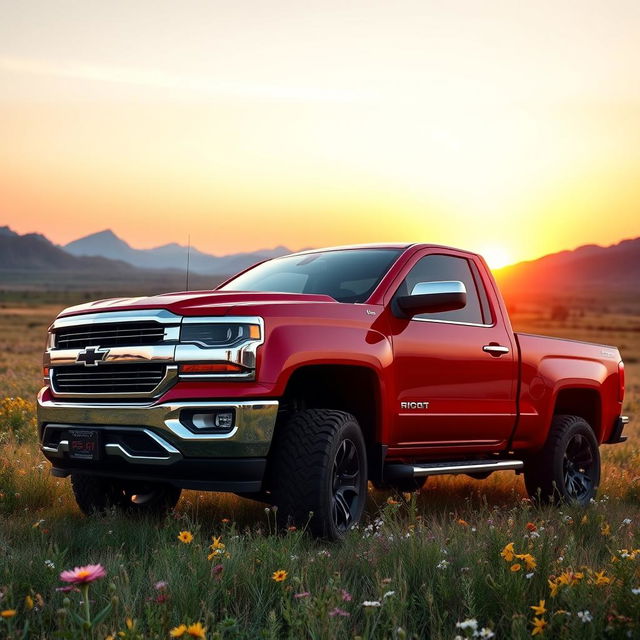 A vibrant red pickup truck parked in an open field during sunset