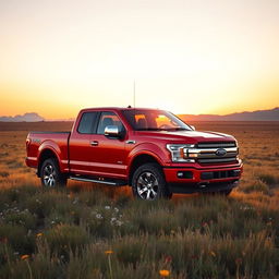 A vibrant red pickup truck parked in an open field during sunset