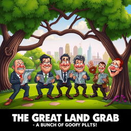 A humorous movie poster depicting a group of cartoonish schemers and land grabbers plotting under a large tree in a lush, vibrant park