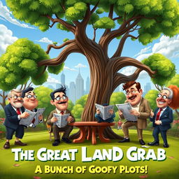 A humorous movie poster depicting a group of cartoonish schemers and land grabbers plotting under a large tree in a lush, vibrant park