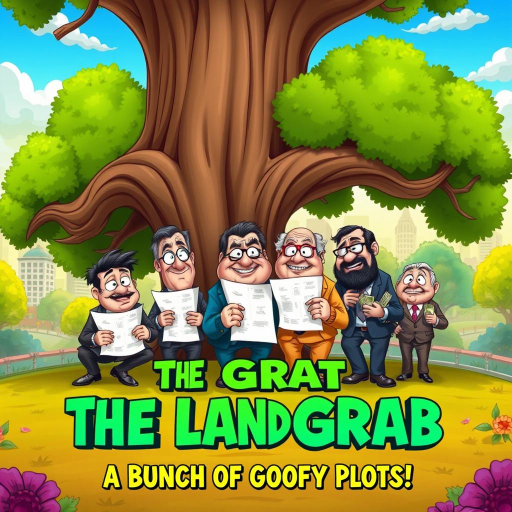 A humorous movie poster depicting a group of cartoonish schemers and land grabbers plotting under a large tree in a lush, vibrant park