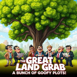 A humorous movie poster depicting a group of cartoonish schemers and land grabbers plotting under a large tree in a lush, vibrant park