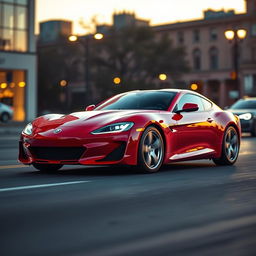 A sleek and modern sports car in a vibrant red color, featuring a smooth aerodynamic silhouette with rounded headlights