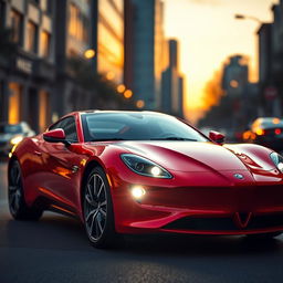 A sleek and modern sports car in a vibrant red color, featuring a smooth aerodynamic silhouette with rounded headlights