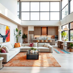 A stylish modern home interior, featuring an open-concept living space with large windows allowing natural light to flood in