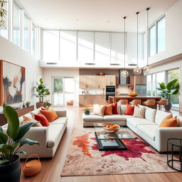 A stylish modern home interior, featuring an open-concept living space with large windows allowing natural light to flood in