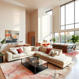 A stylish modern home interior, featuring an open-concept living space with large windows allowing natural light to flood in