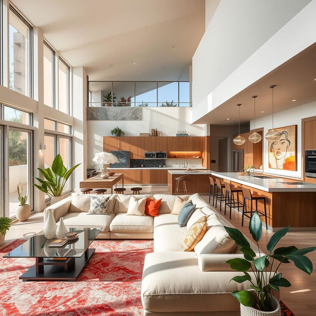 A stylish modern home interior, featuring an open-concept living space with large windows allowing natural light to flood in