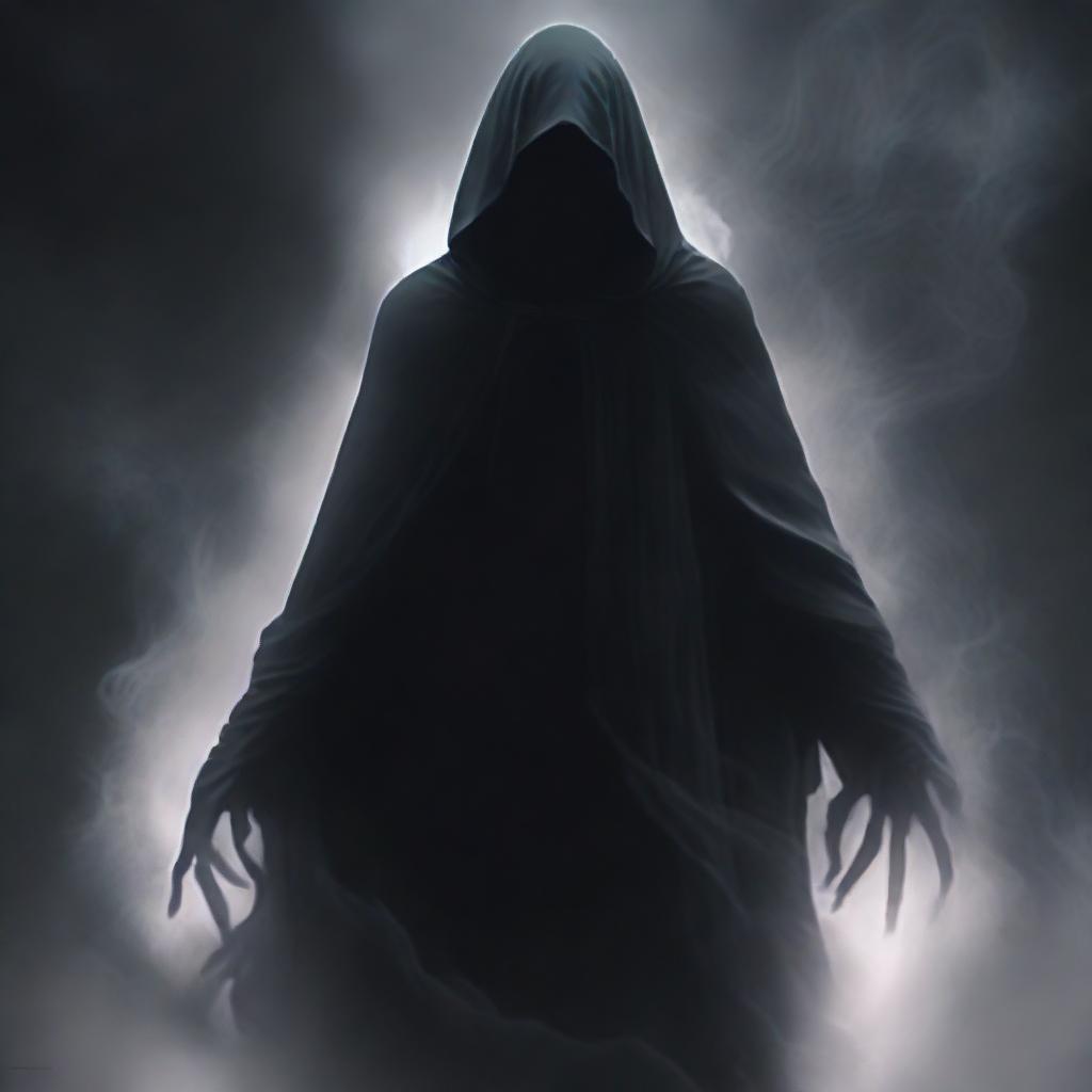 A high-quality digital art image depicts a humanoid figure, shrouded in an eerie cloak of absolute darkness