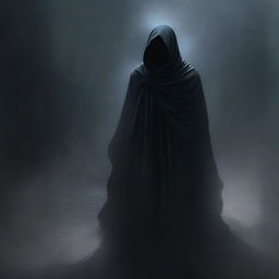 A high-quality digital art image depicts a humanoid figure, shrouded in an eerie cloak of absolute darkness