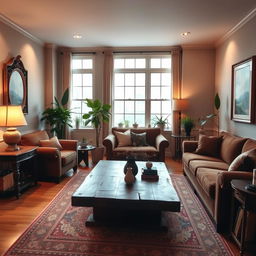 A cozy living room featuring rich brown furniture, elegant and inviting decor