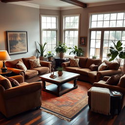 A cozy living room featuring rich brown furniture, elegant and inviting decor