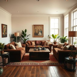 A cozy living room featuring rich brown furniture, elegant and inviting decor