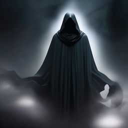 A high-quality digital art image depicts a humanoid figure, shrouded in an eerie cloak of absolute darkness