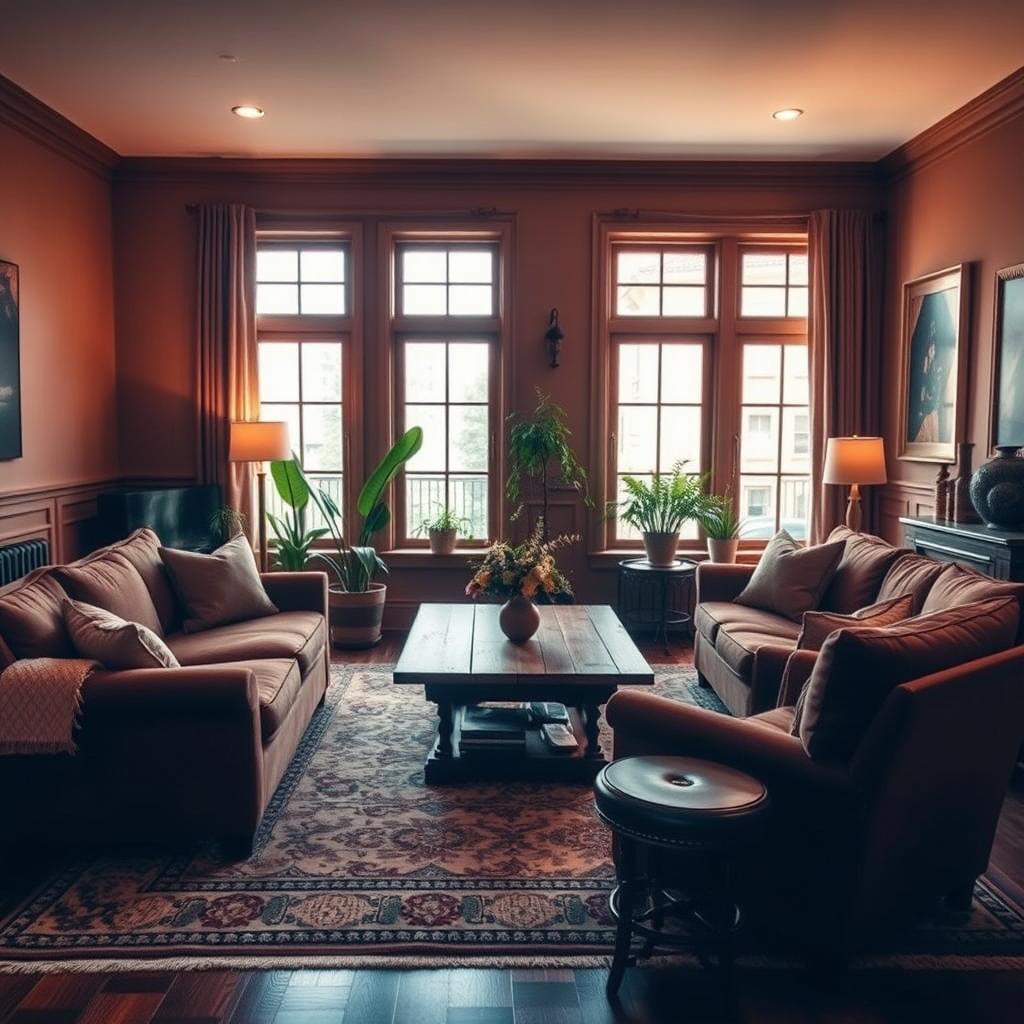 A cozy living room featuring rich brown furniture, elegant and inviting decor