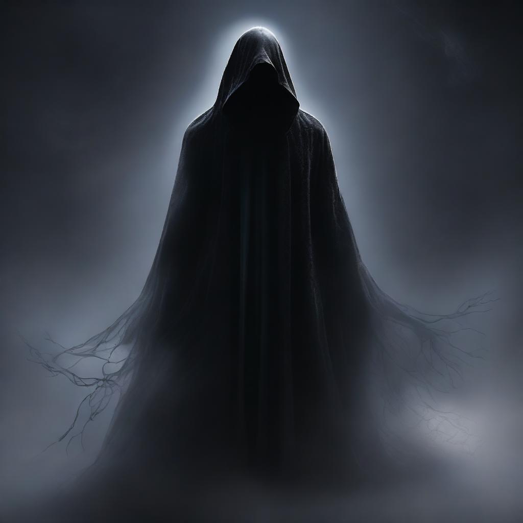 A high-quality digital art image depicts a humanoid figure, shrouded in an eerie cloak of absolute darkness