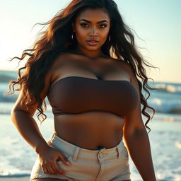 A visually striking young woman with prominent curves, featuring an ample bust and voluptuous hips