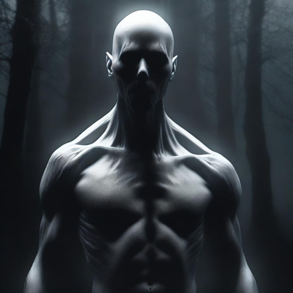 An eerie digital art piece featuring a terrifying humanoid figure, crafted from pure darkness