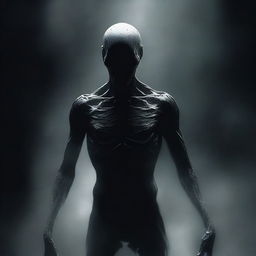 An eerie digital art piece featuring a terrifying humanoid figure, crafted from pure darkness