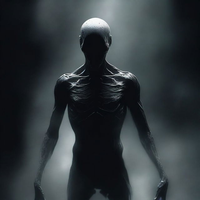 An eerie digital art piece featuring a terrifying humanoid figure, crafted from pure darkness