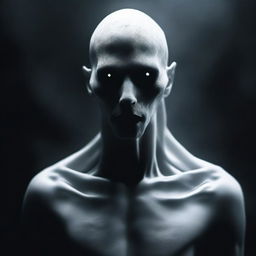 An eerie digital art piece featuring a terrifying humanoid figure, crafted from pure darkness