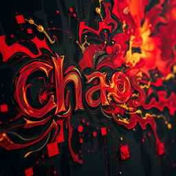 A close-up shot of a dramatic, abstract representation of the word "Chaos" visually interpreted through swirling colors and shapes, with a vibrant blend of reds, blacks, and golds, creating an intense emotional atmosphere