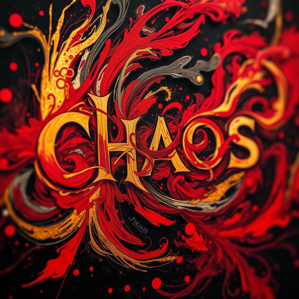 A close-up shot of a dramatic, abstract representation of the word "Chaos" visually interpreted through swirling colors and shapes, with a vibrant blend of reds, blacks, and golds, creating an intense emotional atmosphere