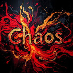A close-up shot of a dramatic, abstract representation of the word "Chaos" visually interpreted through swirling colors and shapes, with a vibrant blend of reds, blacks, and golds, creating an intense emotional atmosphere