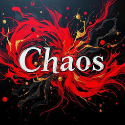 A close-up shot of a dramatic, abstract representation of the word "Chaos" visually interpreted through swirling colors and shapes, with a vibrant blend of reds, blacks, and golds, creating an intense emotional atmosphere