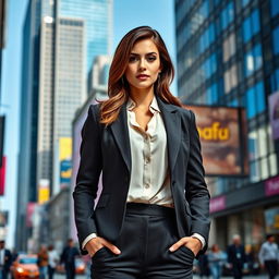 A confident woman standing tall in a vibrant urban setting, wearing a stylish, tailored blazer over a chic blouse, complemented by fashionable trousers