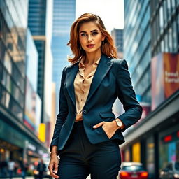 A confident woman standing tall in a vibrant urban setting, wearing a stylish, tailored blazer over a chic blouse, complemented by fashionable trousers