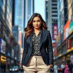 A confident woman standing tall in a vibrant urban setting, wearing a stylish, tailored blazer over a chic blouse, complemented by fashionable trousers