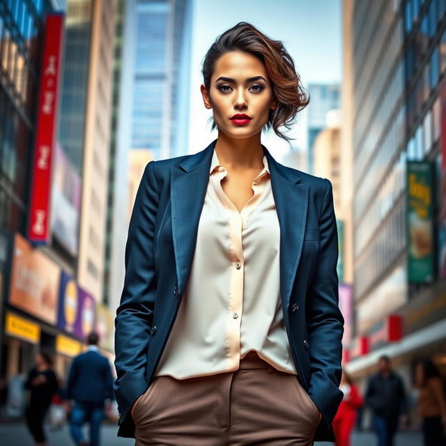 A confident woman standing tall in a vibrant urban setting, wearing a stylish, tailored blazer over a chic blouse, complemented by fashionable trousers