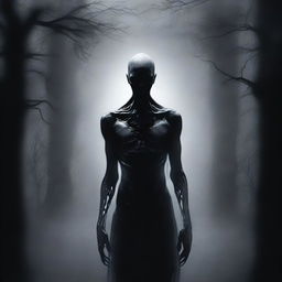 An eerie digital art piece featuring a terrifying humanoid figure, crafted from pure darkness