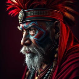 A captivating portrait photo of an Asian old warrior chief, adorned with tribal panther makeup in an eye-catching blue on red color scheme