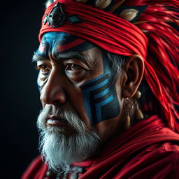 A captivating portrait photo of an Asian old warrior chief, adorned with tribal panther makeup in an eye-catching blue on red color scheme