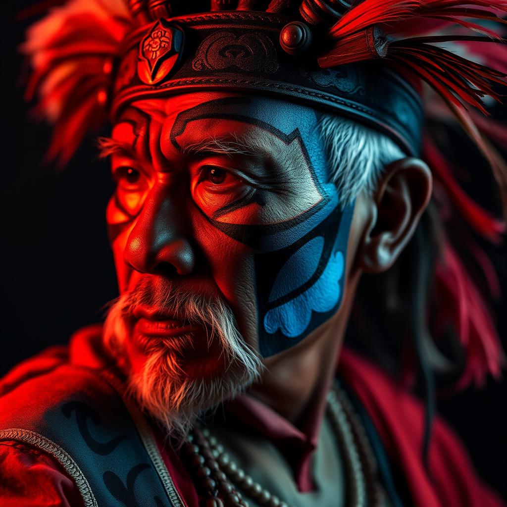 A captivating portrait photo of an Asian old warrior chief, adorned with tribal panther makeup in an eye-catching blue on red color scheme