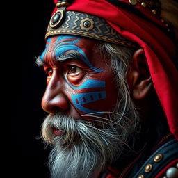 A captivating portrait photo of an Asian old warrior chief, adorned with tribal panther makeup in an eye-catching blue on red color scheme