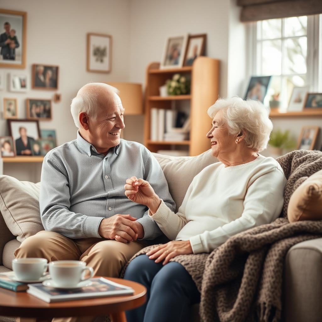 A warm and caring scene of an elderly couple in a cozy living room, showcasing the love and care they share