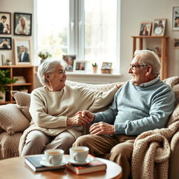 A warm and caring scene of an elderly couple in a cozy living room, showcasing the love and care they share