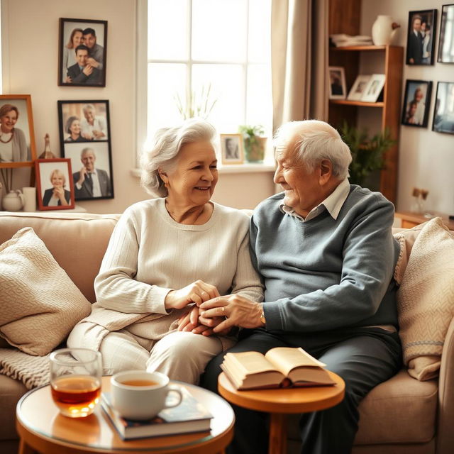 A warm and caring scene of an elderly couple in a cozy living room, showcasing the love and care they share