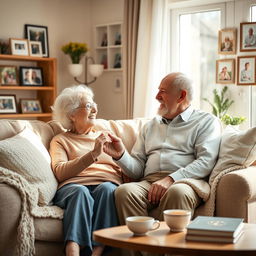 A warm and caring scene of an elderly couple in a cozy living room, showcasing the love and care they share