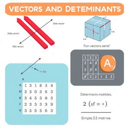A visually appealing educational illustration explaining the concepts of vectors, matrices, and determinants in mathematics
